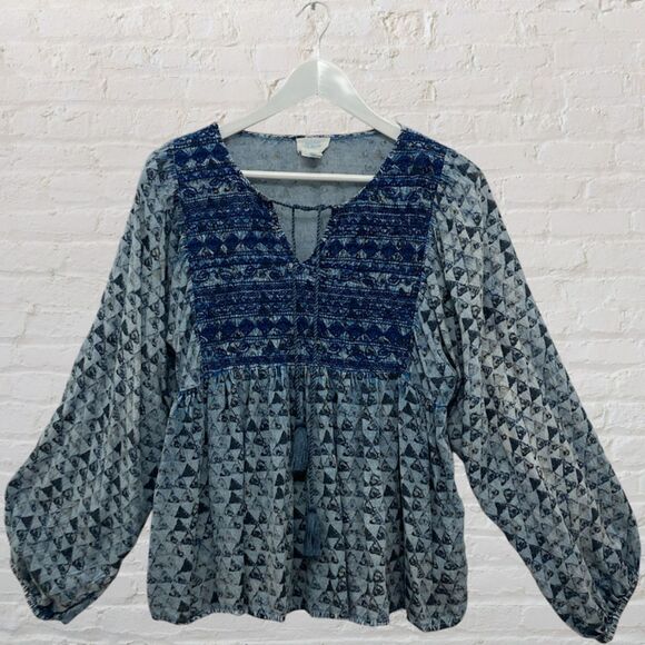 Sigrid Olsen Peasant Top M Blue Embroidered Tassel Tie Neck Balloon Sleeve - Picture 2 of 14